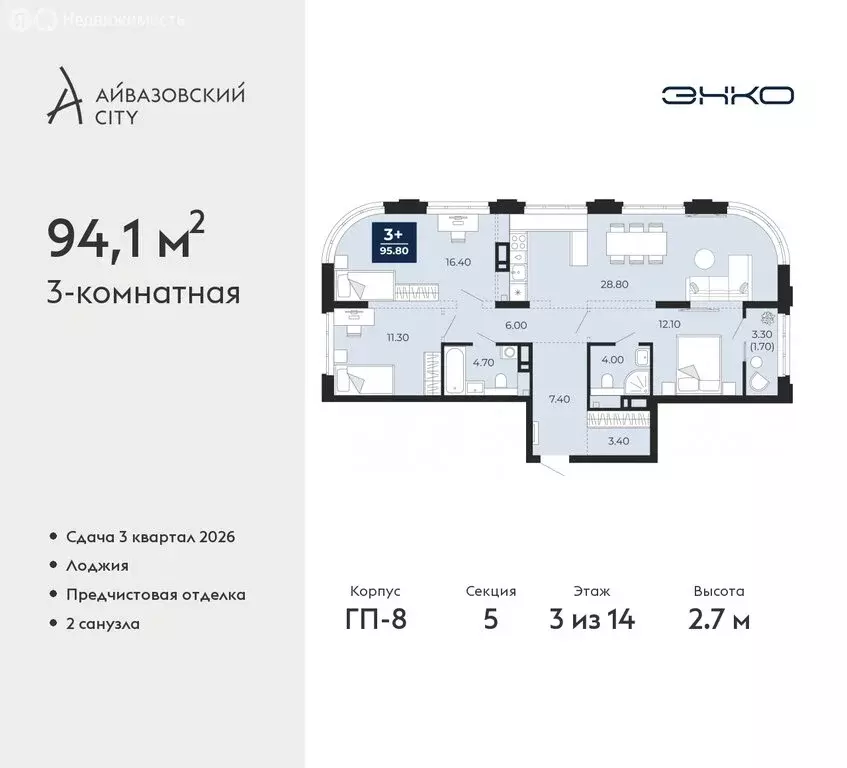 3-комнатная квартира: Тюмень, жилой комплекс Айвазовский Сити (94.1 м) - Фото 0