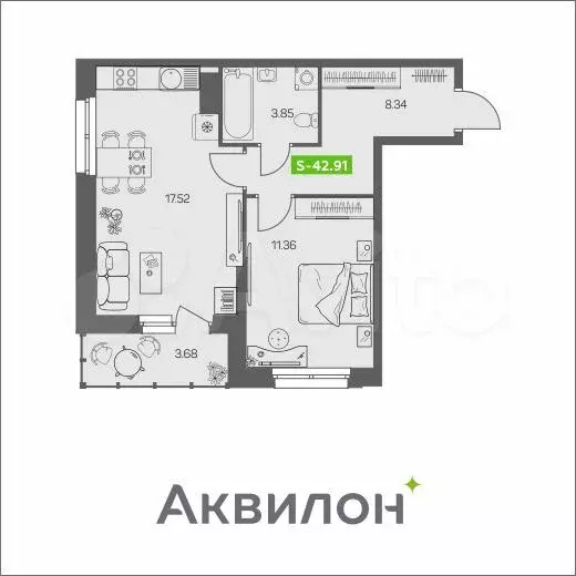 1-к. квартира, 42,9 м, 4/8 эт. - Фото 0