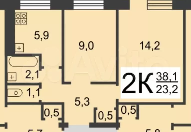 2-к. квартира, 38,2 м, 1/5 эт. - Фото 0