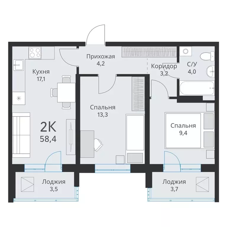 Продаётся 2-к квартира, 58.4 м - Фото 0