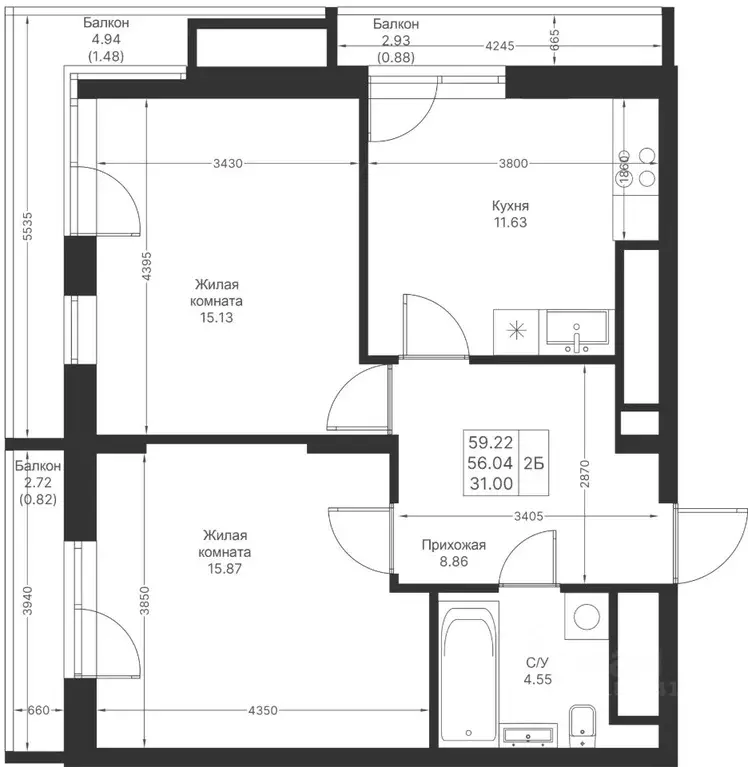 2-к кв. Татарстан, Казань Мой Ритм жилой комплекс (59.22 м) - Фото 2
