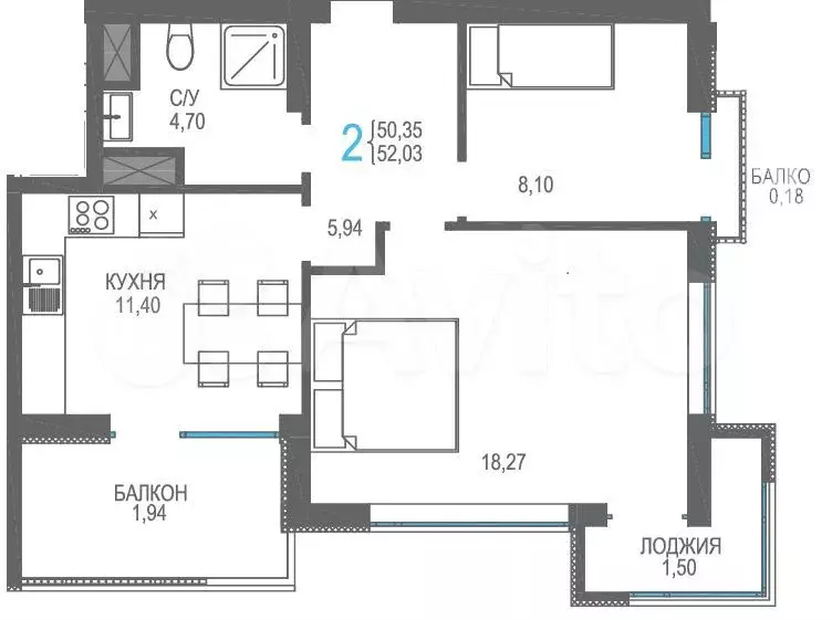 2-к. квартира, 52 м, 7/17 эт. - Фото 0