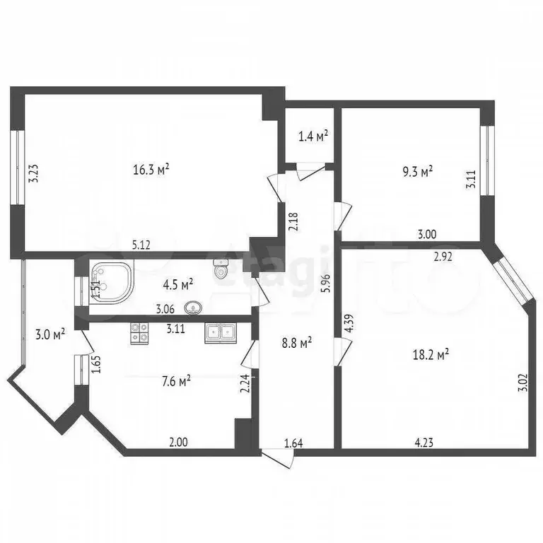 3-к. квартира, 66,9 м, 2/6 эт. - Фото 0