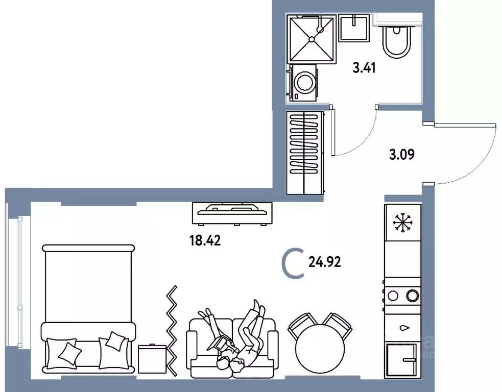 Студия Тюменская область, Тюмень ул. 50 лет Октября, 61к1 (24.92 м) - Фото 1