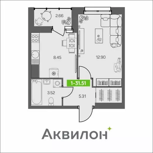 1-комнатная квартира: Архангельск, улица Валявкина (31.51 м) - Фото 0