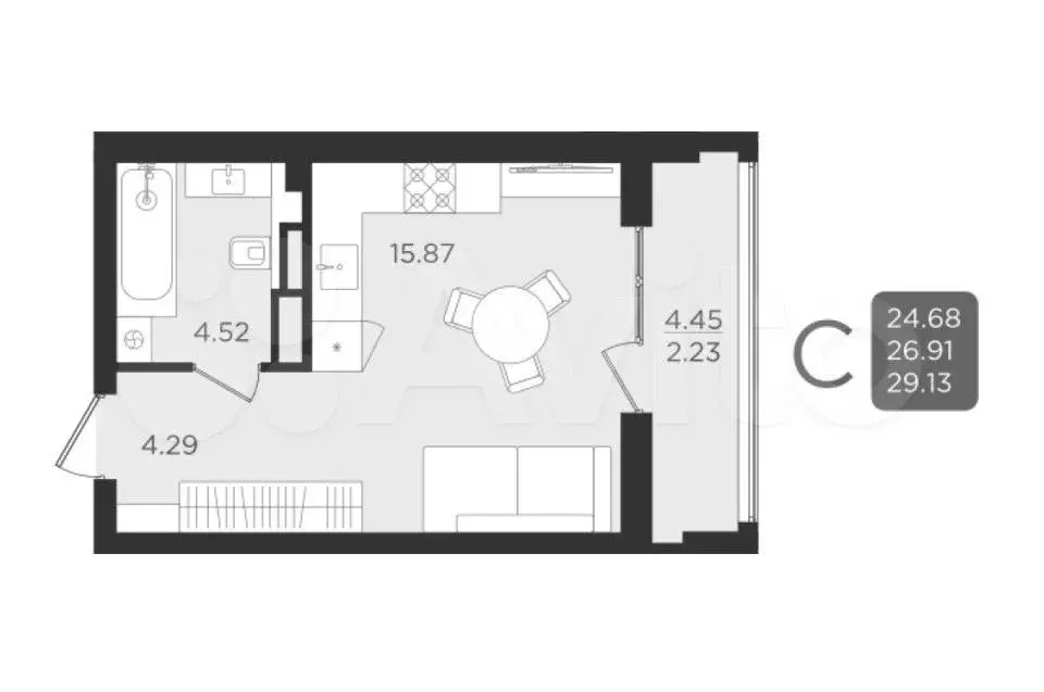 Квартира-студия, 27,1 м, 7/9 эт. - Фото 1
