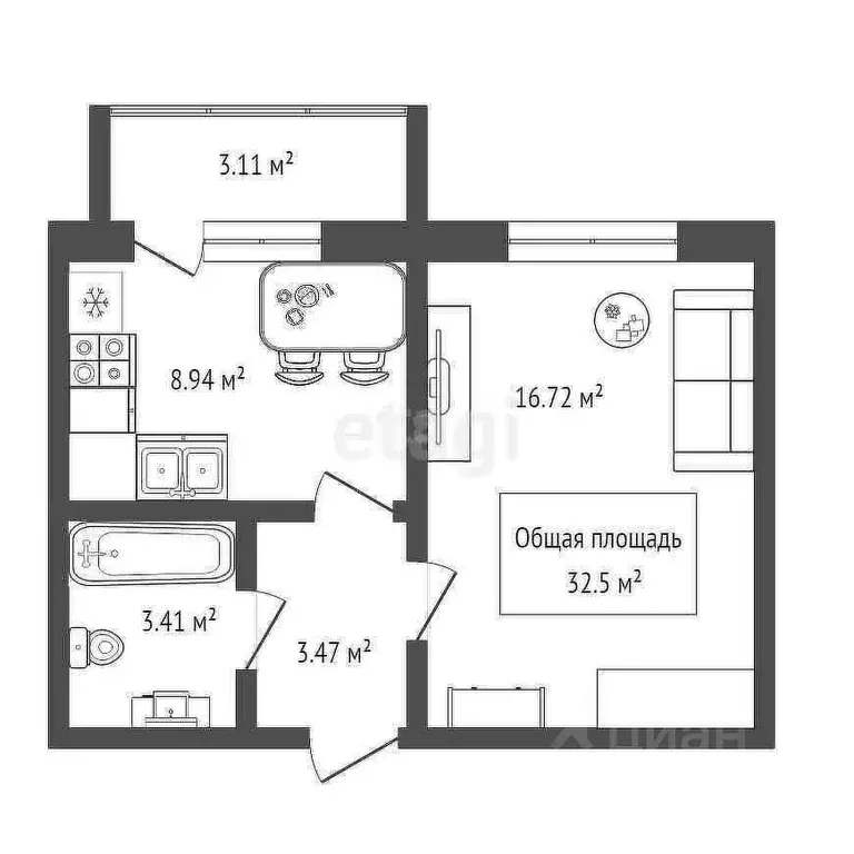 1-к кв. Новосибирская область, Новосибирск ул. Титова, 264 (32.5 м) - Фото 1