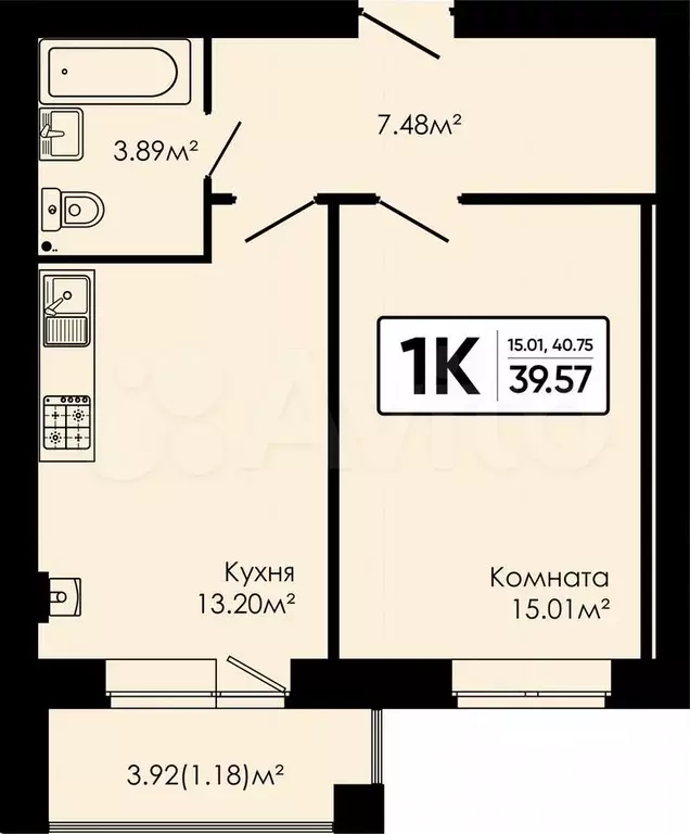 1-к. квартира, 39,6 м, 4/4 эт. - Фото 0
