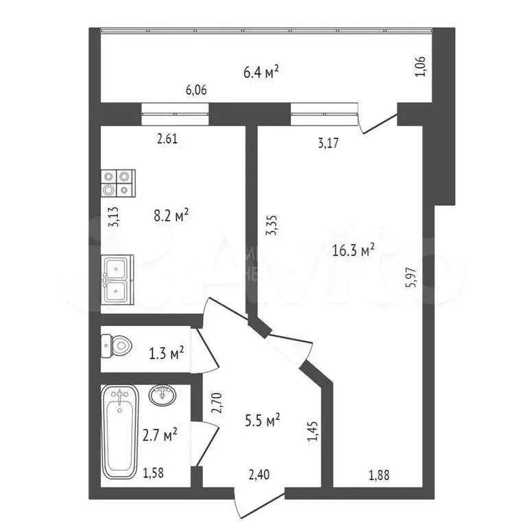 1-к. квартира, 34,4 м, 4/10 эт. - Фото 0