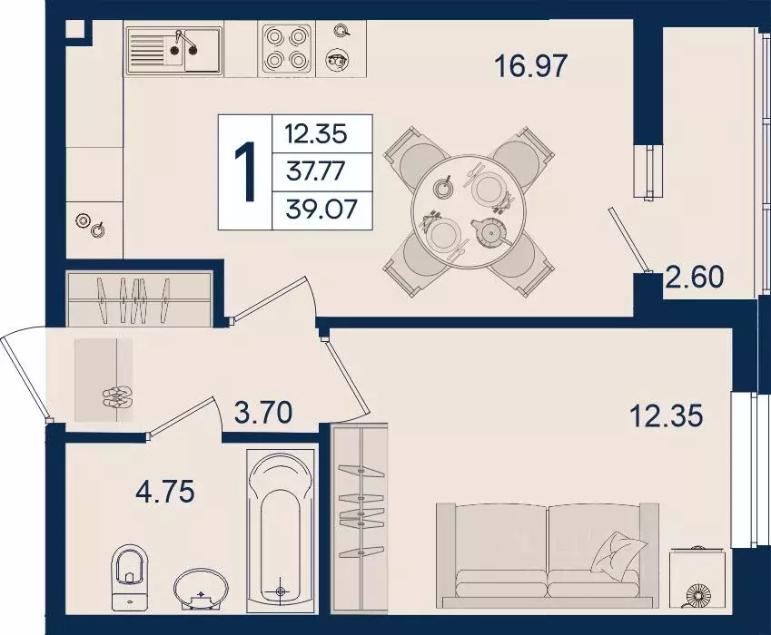 1-к кв. Краснодарский край, Краснодар  (39.07 м) - Фото 1