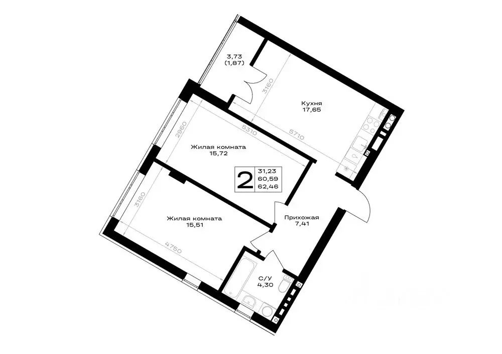 2-к кв. Калининградская область, Гурьевск Включи жилой комплекс (62.46 ... - Фото 1