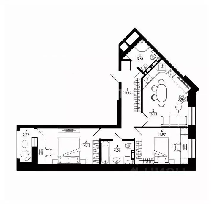 2-к кв. Липецкая область, Липецк ул. Е.И. Замятина, 1 (65.5 м) - Фото 1
