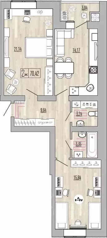 2-к кв. Рязанская область, Рыбное ул. Перспективная, 16 (70.42 м) - Фото 1