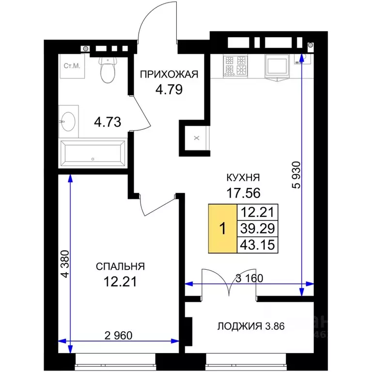1-к кв. Калининградская область, Гурьевск Включи жилой комплекс (43.15 ... - Фото 1