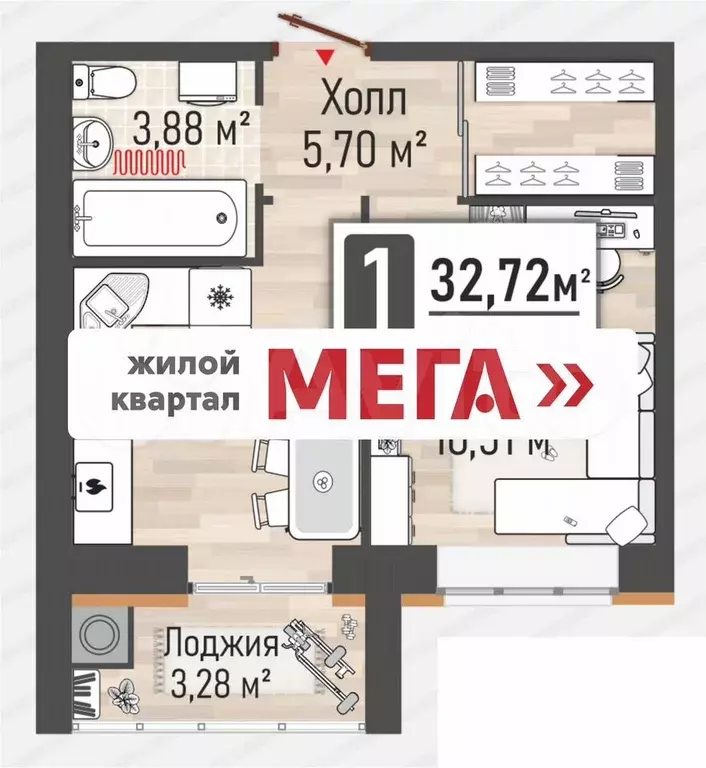 1-к. квартира, 32,7 м, 2/10 эт. - Фото 0
