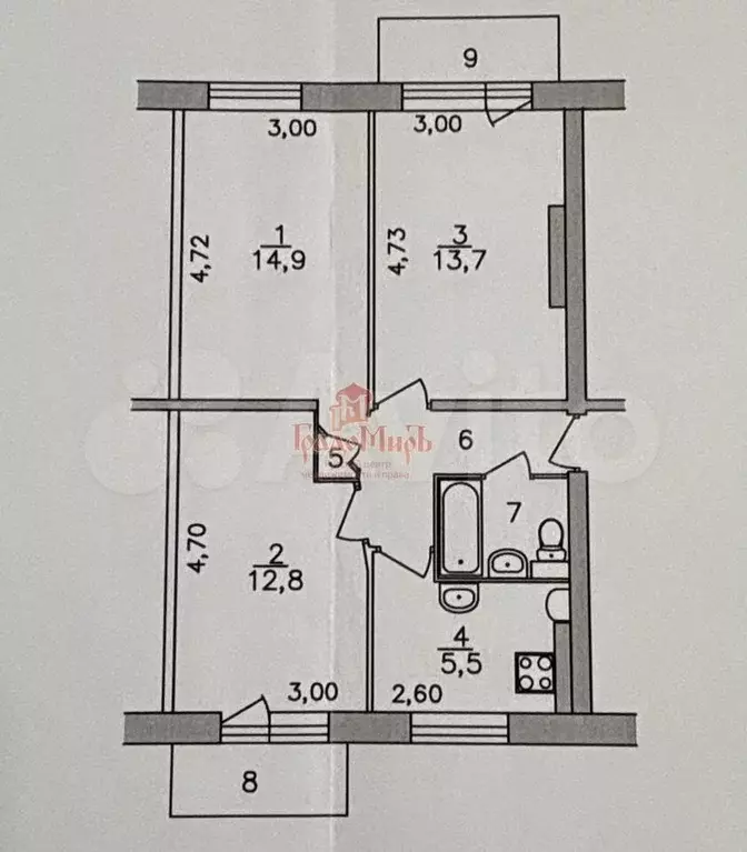 3-к. квартира, 54,7 м, 3/5 эт. - Фото 0