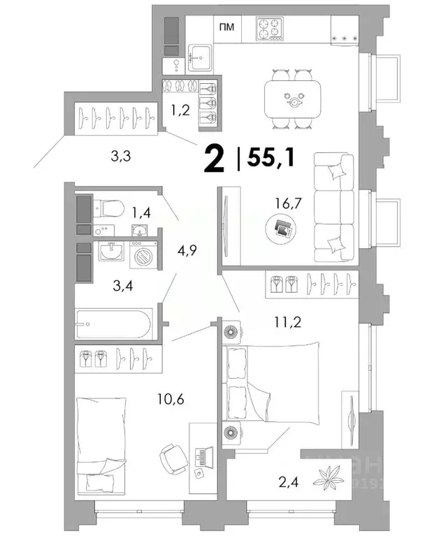 2-к кв. Владимирская область, Владимир Уно жилой комплекс (55.1 м) - Фото 1