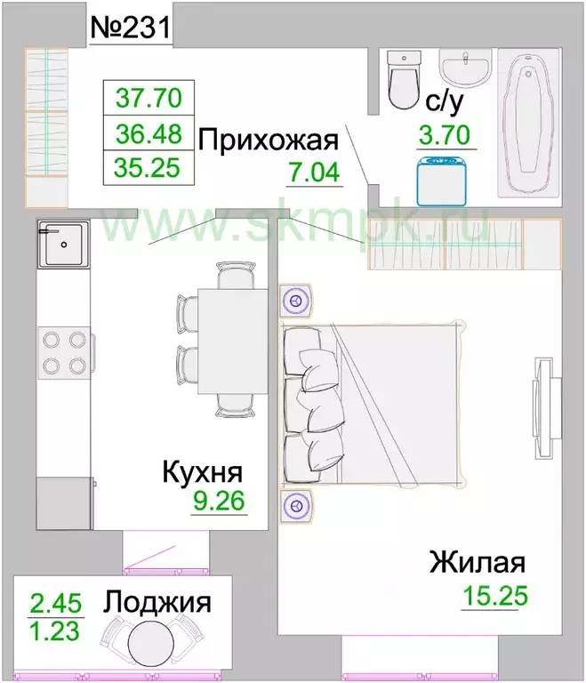 1-к кв. Калининградская область, Зеленоградск  (36.48 м) - Фото 0