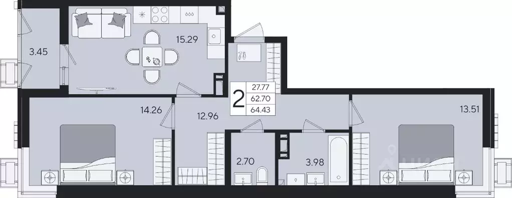 2-к кв. Краснодарский край, Краснодар  (64.43 м) - Фото 2