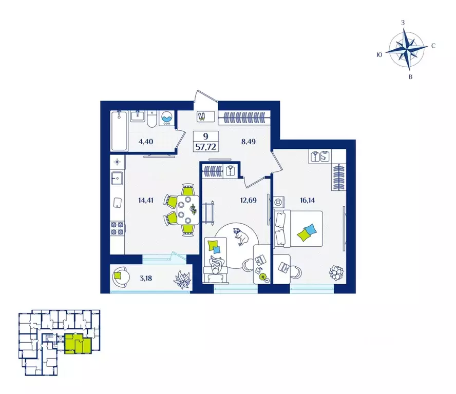 2-к кв. Калининградская область, Зеленоградск  (57.72 м) - Фото 1