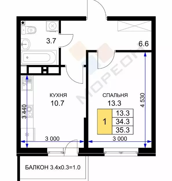 1-комнатная квартира: Краснодар, улица имени Героя Ростовского, 8к3 ... - Фото 0