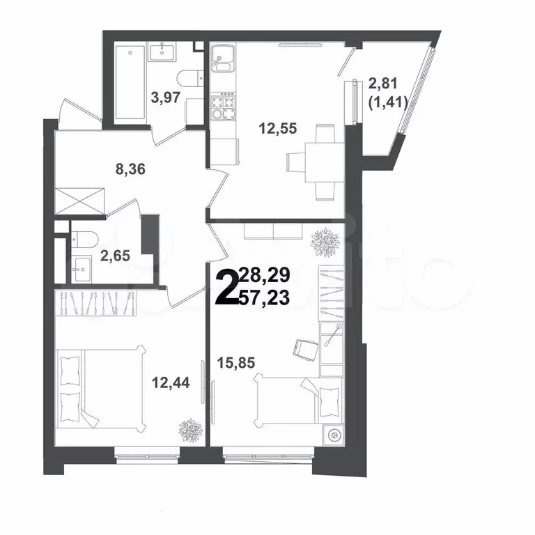 2-к. квартира, 57,2 м, 10/12 эт. - Фото 1