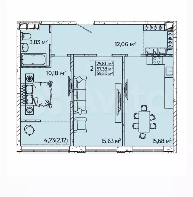 2-к. квартира, 60 м, 22/23 эт. - Фото 1