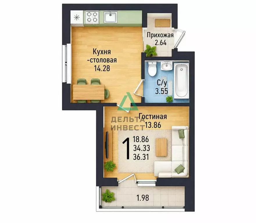 2-комнатная квартира: Уфа, Бородинская улица, 19/1 (36.3 м) - Фото 1