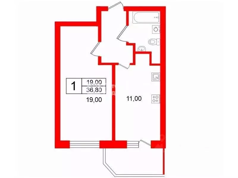 Квартира, 1 комната, 36.79 м - Фото 0