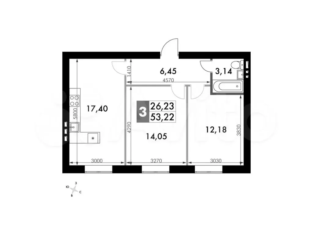 2-к. квартира, 53,2м, 3/4эт. - Фото 0