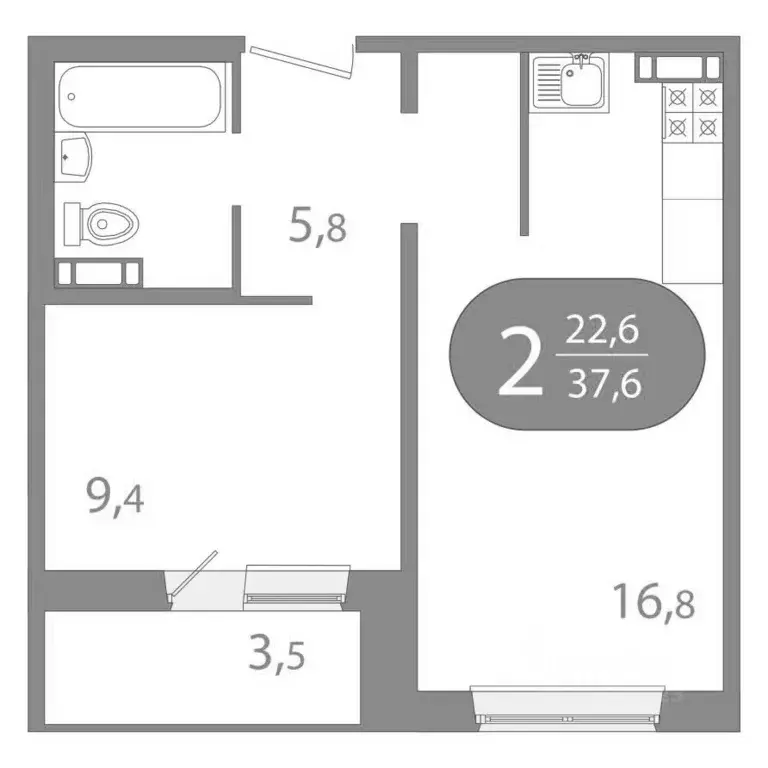 2-к кв. Томская область, Томск ул. Пришвина, 43 (37.61 м) - Фото 1