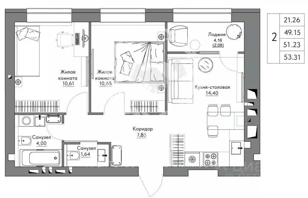 2-к кв. Калужская область, Калуга Тепличная ул., 2 (53.31 м) - Фото 2