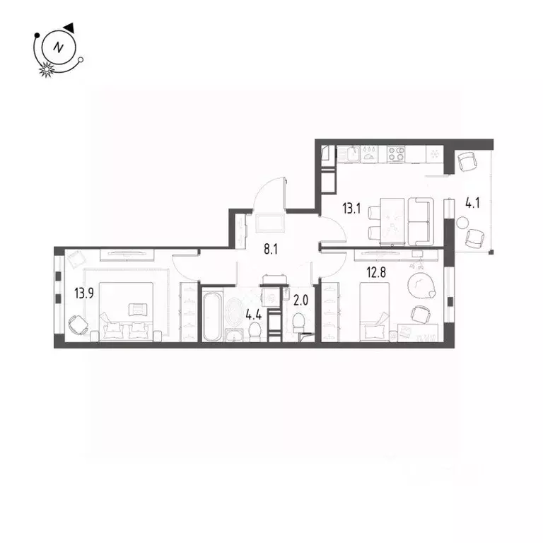 Квартира, 2 комнаты, 56.5 м - Фото 1