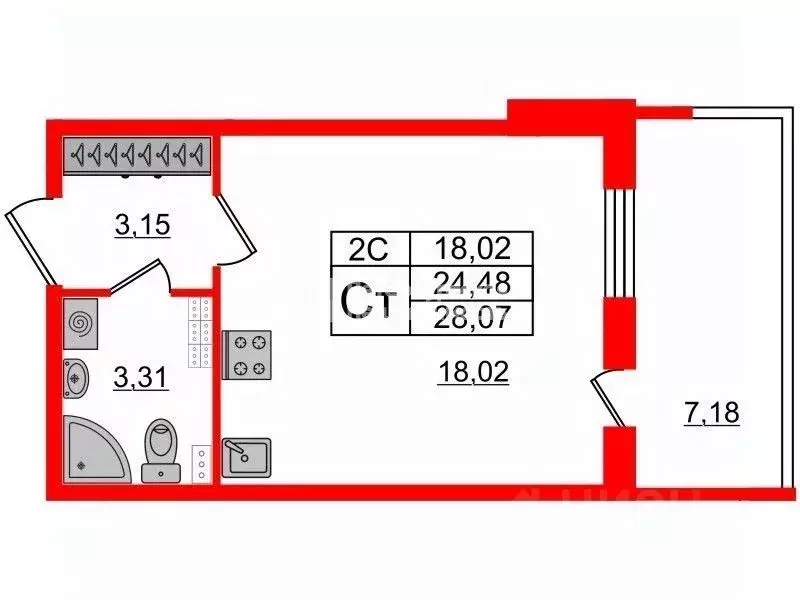 Студия Санкт-Петербург Пулковское ш., 99к6 (24.0 м) - Фото 2