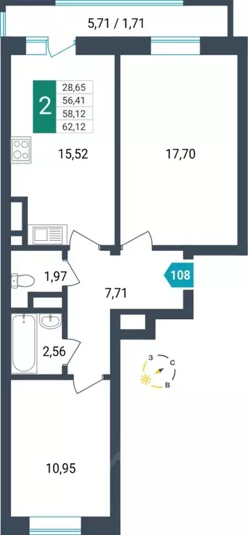 2-к кв. Забайкальский край, Чита ул. Бабушкина, 42Б (58.12 м) - Фото 1