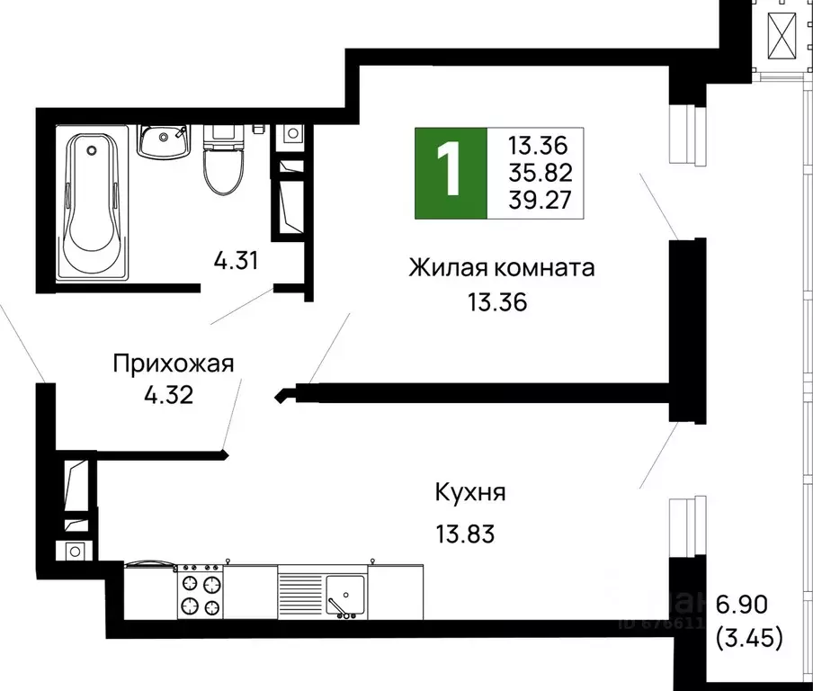 1-к кв. Адыгея, Майкоп 9 Мая ул., 14А (39.27 м) - Фото 1