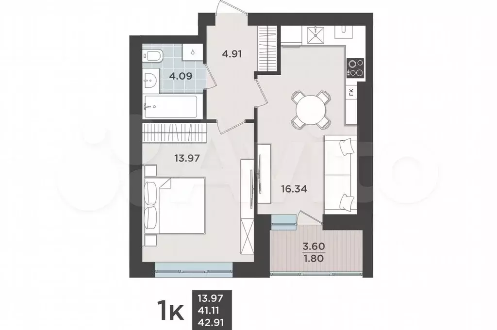 1-к. квартира, 41,3 м, 7/9 эт. - Фото 1