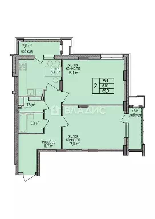 2-комнатная квартира: Благовещенск, улица Чайковского, 100/2 (65 м) - Фото 1