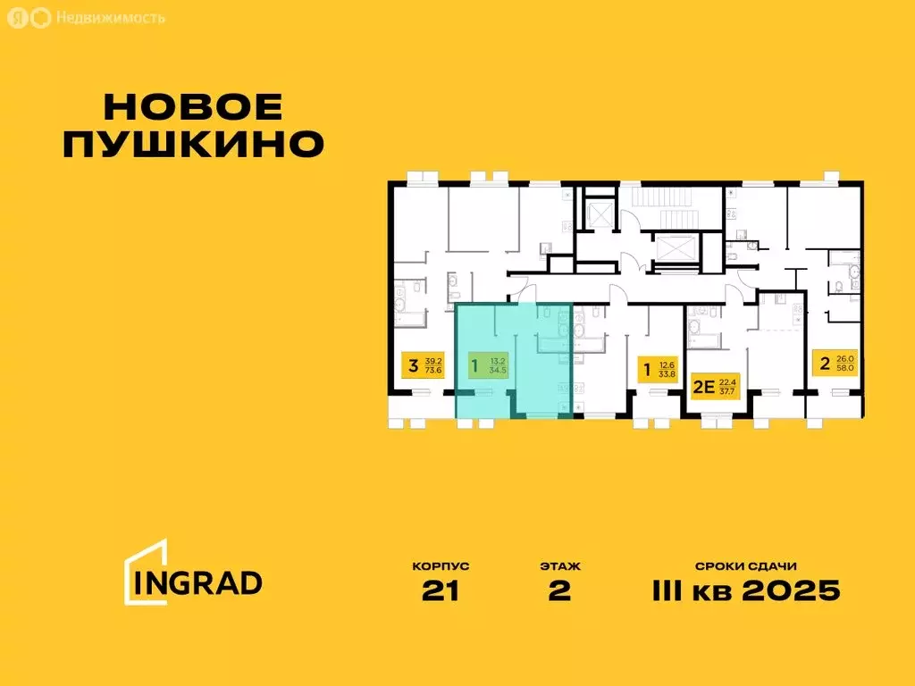1-комнатная квартира: Пушкино, микрорайон Новое Пушкино, к21 (34.45 м) - Фото 1