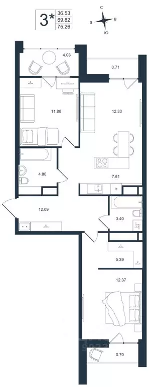 3-к кв. Приморский край, Владивосток Архитектор жилой комплекс (75.26 ... - Фото 1