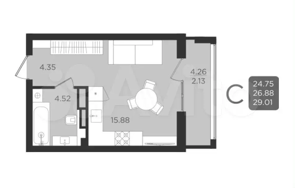 Квартира-студия, 26,9 м, 6/9 эт. - Фото 1