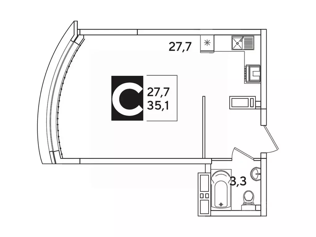 Студия Краснодарский край, Краснодар Самолет-6 жилой комплекс (35.1 м) - Фото 1