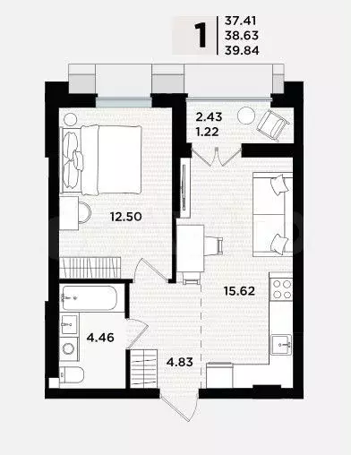 1-к. квартира, 39,8 м, 4/5 эт. - Фото 1