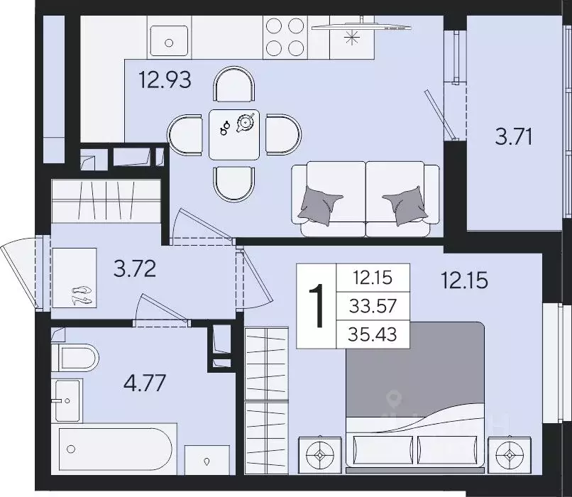 1-к кв. Краснодарский край, Краснодар  (35.43 м) - Фото 2