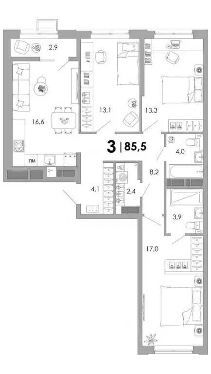 3-к кв. Владимирская область, Владимир Уно жилой комплекс (85.5 м) - Фото 1