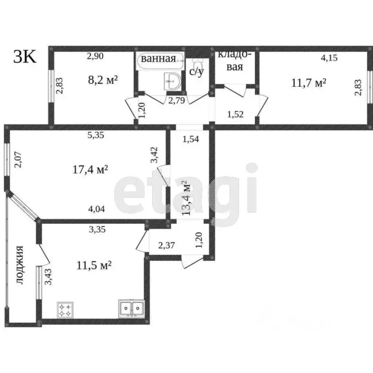 3-к кв. Ханты-Мансийский АО, Сургут Югорская ул., 5/3 (68.9 м) - Фото 1