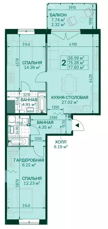 2-комнатная квартира: Санкт-Петербург, Магнитогорская улица, 5к3 (75.3 ... - Фото 0