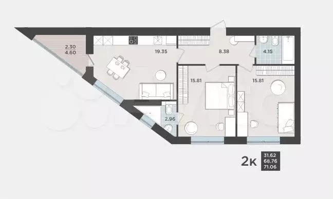 2-к. квартира, 71,1 м, 5/9 эт. - Фото 1