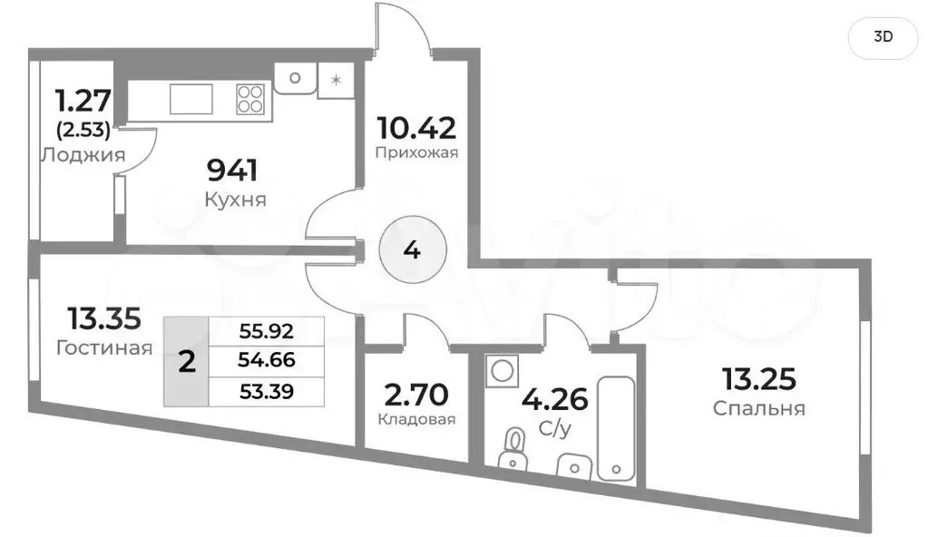 2-к. квартира, 54,7 м, 2/10 эт. - Фото 1