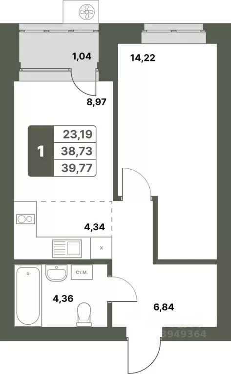 1-к кв. Башкортостан, Уфимский район, с. Миловка  (39.77 м) - Фото 1